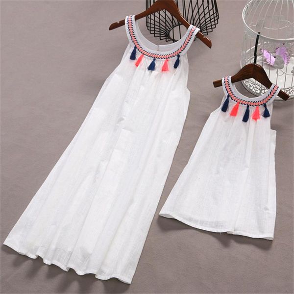 

family matching outfits poprealÂ parent-child outfit mini mother dress fashion mom and daughter skirt tassel sleeveless solid, Blue