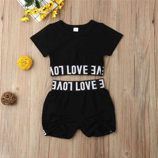 

girl kid child black clothing sets short sleeve letter crop t shirt shorts clothes summer casual sunsuit outfit, White