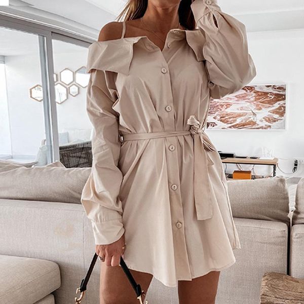 

casual dresses single breasted button office lady shirt dress elegant off shoulder strap mini spring summer belted women party, Black;gray