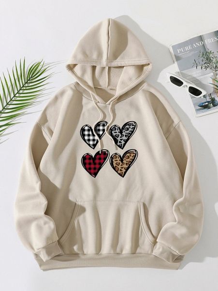 

gingham & heart print kangaroo pocket drawstring thermal hoodie 05yo#, White;black