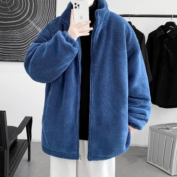 

men's down & parkas winter fleece jackets full zip wool warm thick coats color long sleeve streetwear, Black
