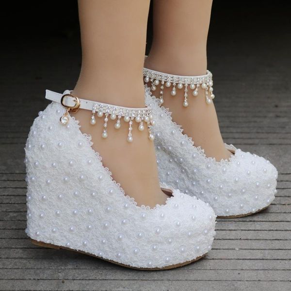

dress shoes 2021 spring beaded buckle wedding wedge high heel lace female large size party, Black
