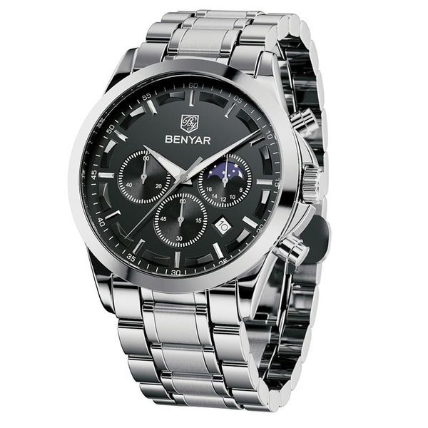 

wristwatches benyar mens chronograph watch stylish sport quartz clock business waterproof relogio masculino, Slivery;brown