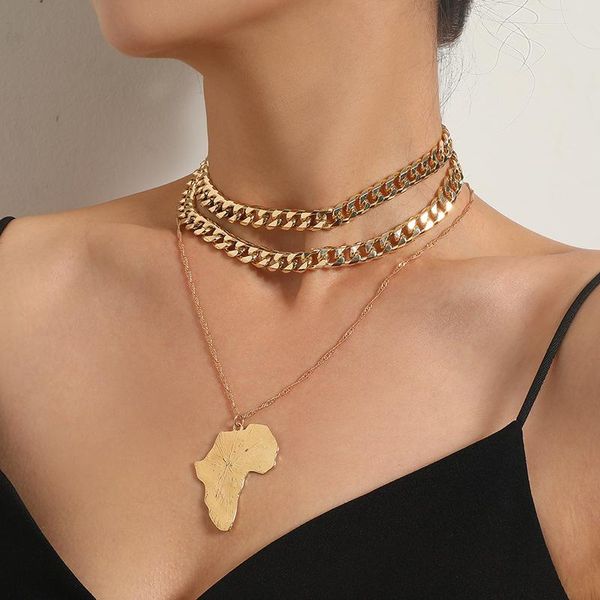 

chokers punk multilayer thick chain africa map pendant necklace women exaggerated statement geometric clavicle collar jewelry, Golden;silver