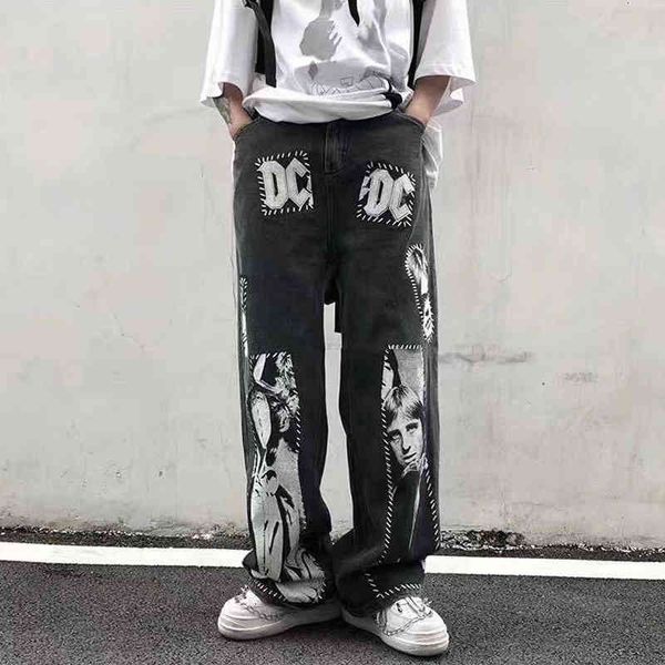 

men's jeans straight trousers, street, patchwork, standard, jeans, hip hop, broad legs, men, hip-hop, women's jeans 222d, Blue