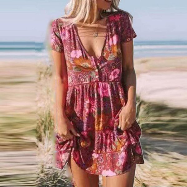 

party dresses women elegant v-neck chic mini dress button daily casual loose summer a-line female fashion retro print beach vestidos 3xl, White;black