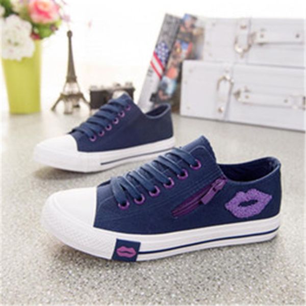 

2021 fashion luxury designer spring and summer korean canvas shoes women's low cut with red lips side zipper students flat casual shoes, Black