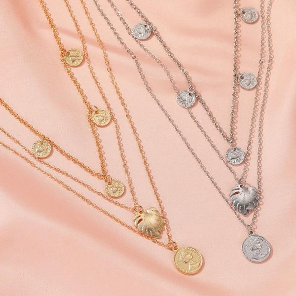 

pendant necklaces retro leaf portrait currency necklace for women personality long multi layer chain fashion jewelry, Silver