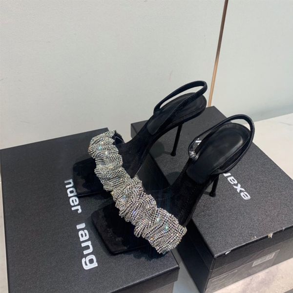 

dress shoes 2021 primavera vero novo couro de cristal sapatos salto alto com do do p quadrado strass sandlias qualida stiletto wv2, Black