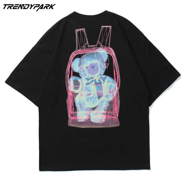 

men's t-shirt cute backpack bear summer short sleeve tee hip hop oversize cotton casual harajuku streetwear tshirts clothing 210601, White;black