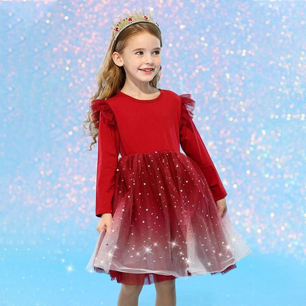 

girls' long sleeve winter sequin lovely children's casual lace dress 3 8ys vestido baby, Red;yellow