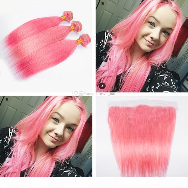 

popular colored pink silky straight hair weaves with lace frontals 4pcs lot straight ear to ear frontal with pink hair bundles 4pcs lot, Black