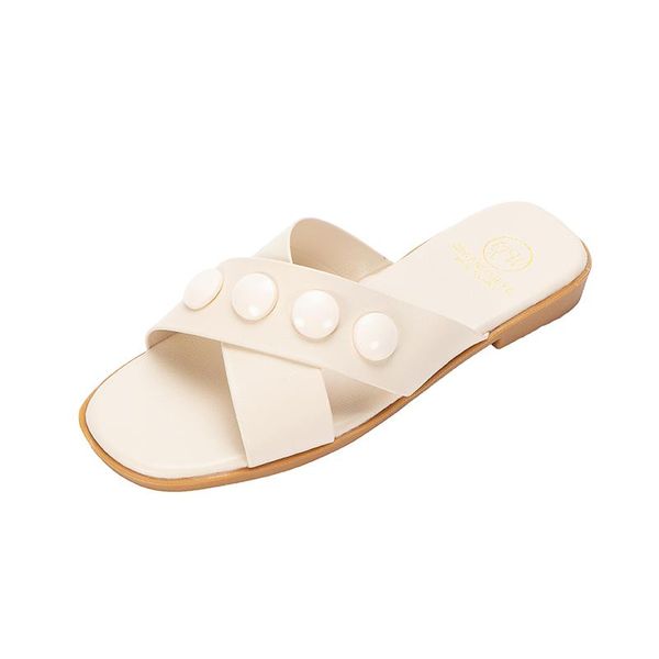 

slippers 2021 summer women's pure color all-match cross vamp balls embellishment fashion casual outer wear home, Black