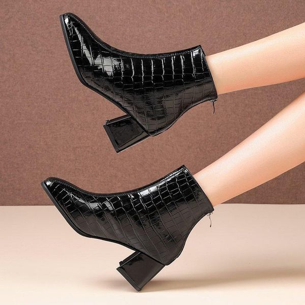 

boots drop patent women back zipper short plush leather winter woman thick heels shoes square high ankle, Black