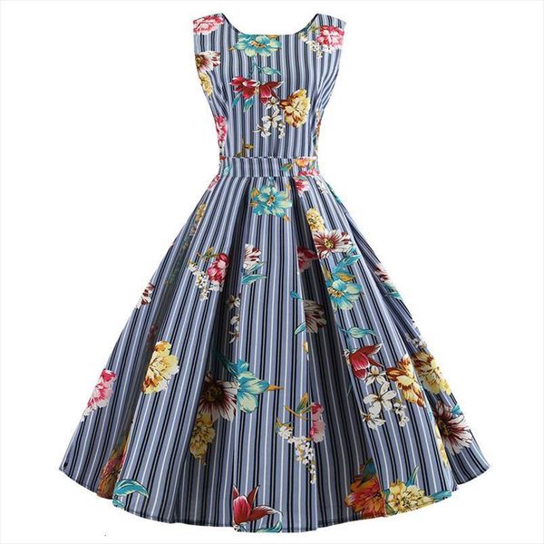 

summer plus size casual women dresses midi work office party sundres sleeveless floral print elegant vintage pin up jurken, Black;gray