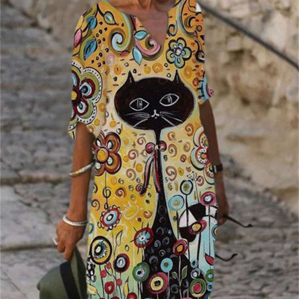 

women's cartoon cat printed v-neck dress, Black;gray