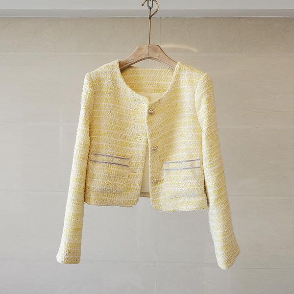 

women's jackets jsxdhk fashion runway women tweed short jacket coat 2021 spring autumn yellow single breasted tassel pocket outerwear f, Black;brown
