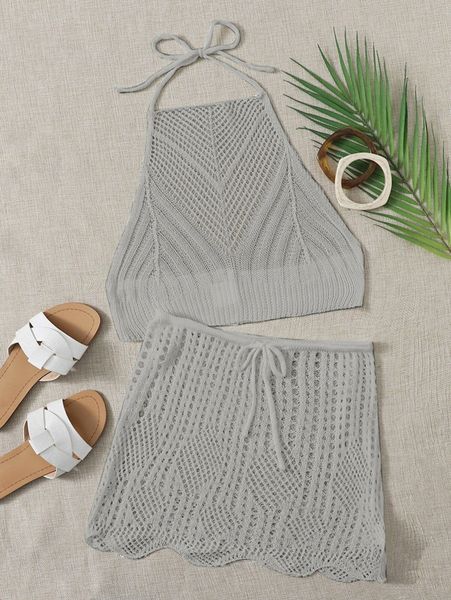 

halter cover up & drawstring waist skirt set d5cd#, White;black