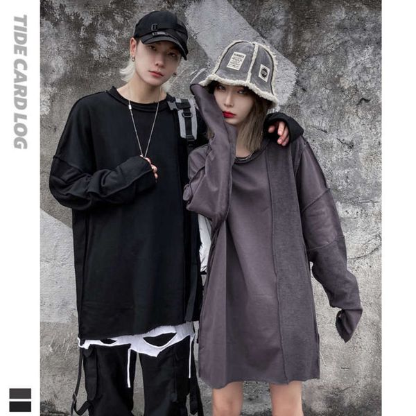 

autumn winter new round neck high street reverse stitching sweater solid color men's and women's lovers loose top, Black