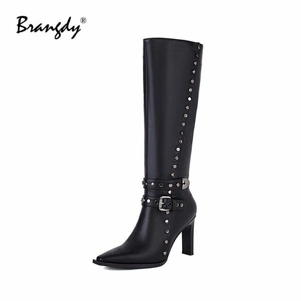 

boots fanyuan fashion women knee hight pu leather belt buckle rivet winter shoes square toe zipper heel pumps, Black