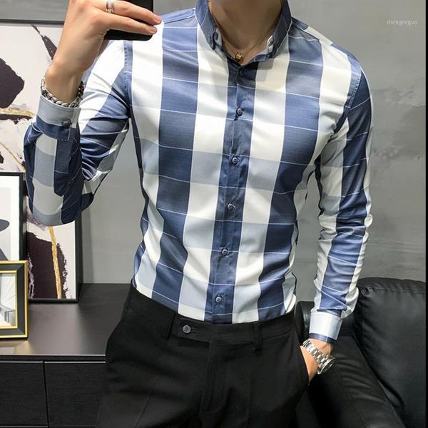 

men's dress shirts british style check shirt men autumn slim plaid long sleeve business office formal clothes, White;black