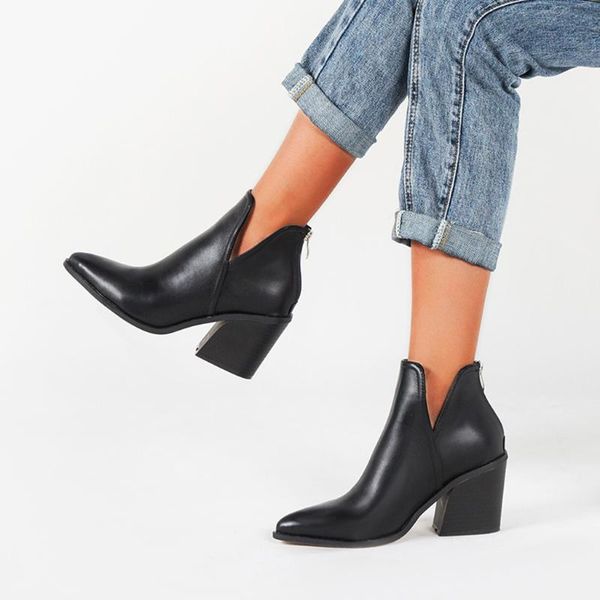 

boots 2021 autumn early winter shoes ladies square-heeled pointed high heel fashion short-tube side zipper short boot #109, Black