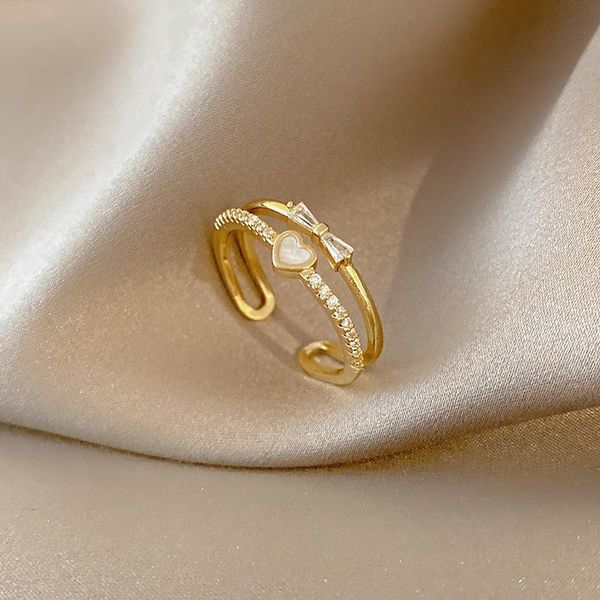

wedding rings lovoacc chic sparkly cz zirconia for women layered brass gold color bowknot white enamel love heart adjusting ring 2021, Slivery;golden