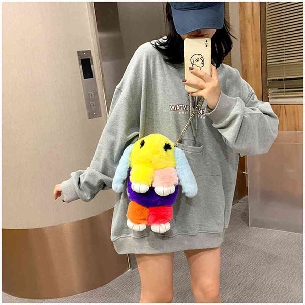 

storage baagautumn and winter 2020 new colorful splicing cute mini play dead rabbit plush chain messenger baggg bag