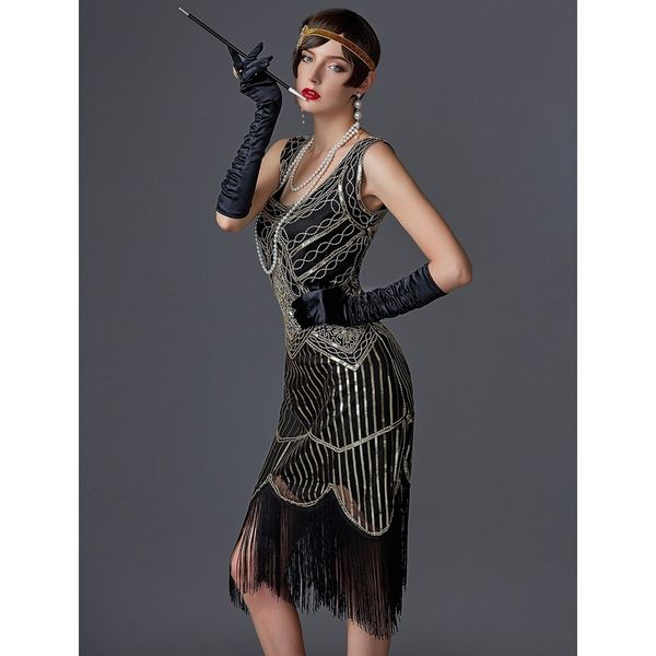 

charleston tassel roaring 20s 1920s the great gatsby theme costume vacation dress flapper women's sequin vintage party halloween, Black;red