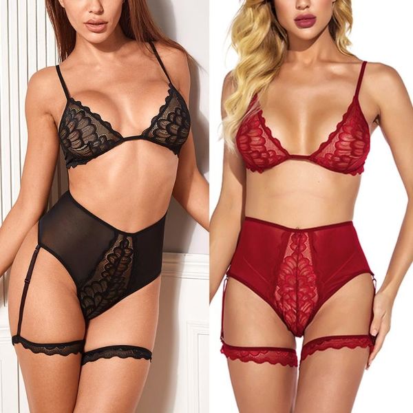 

women 2pcs lingerie set with garter belt erotic see-through lace bra and high waist panties vintage babydoll sleepwear, Red;black