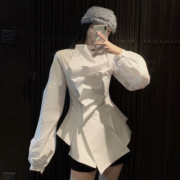 

[ewq]2021 new spring sweet full sleeve irregularly buttoned pleated casual shirt korea style loose black women blouse 5pod, White
