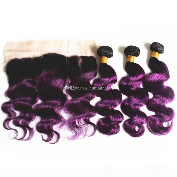 

new arrive purple ombre hair with lace frontal peruvian virgin hair 3 bundles with lace frontal two tone body wave hair with frontal, Black;brown