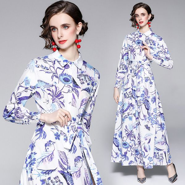 

2021 early autumn lapel single breasted dress floral print big swing, Black;gray