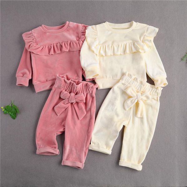 

2021 toddler girls clothes velvet outfit sets baby ruffle trim bowknot pant infant children clothing, White