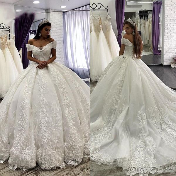

arabic lace ball gown wedding dress appliques off shoulder bridal gowns saudi plus size vestido de novia, White
