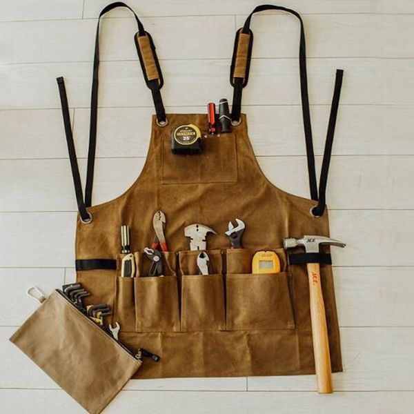 

aprons oil waxed canvas retro apron garage garden hardware workshop waterproof and proof multi pockets strong tool