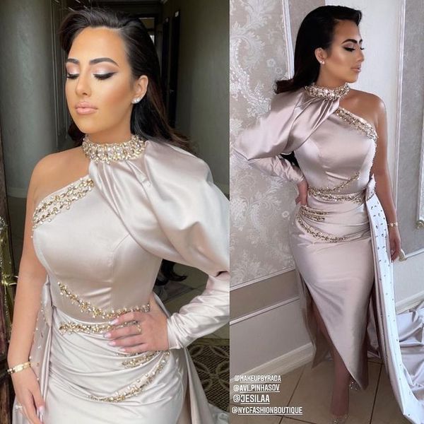 

2021 plus size arabic aso ebi stylish sheath prom dresses beaded pearls high split evening formal party second reception bridesmaid gowns dr, Black