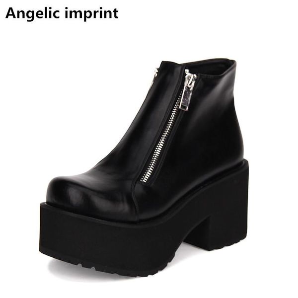 

boots angelic imprint mori girl women punk motorcycle lady lolita ankle woman high trifle heels pumps wedges shoes 33-47, Black