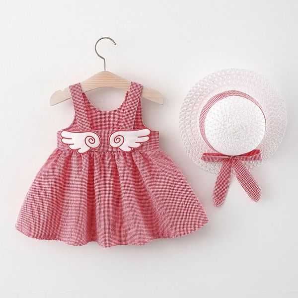 

clothing sets toddler baby kids girls plaid princess wing dress straw cap hat outfits set conjuntos para bebÃ© girl clothes, White