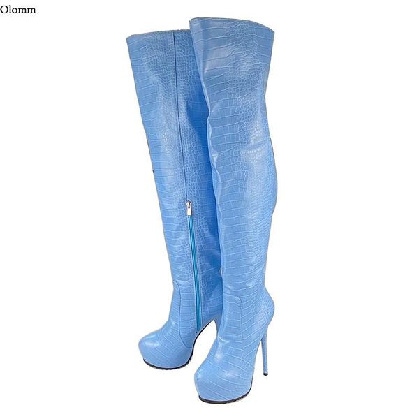

boots olomm 2021 women platform over the knee stiletto heels round toe stone pattern blue paty shoes plus us size 5-15, Black