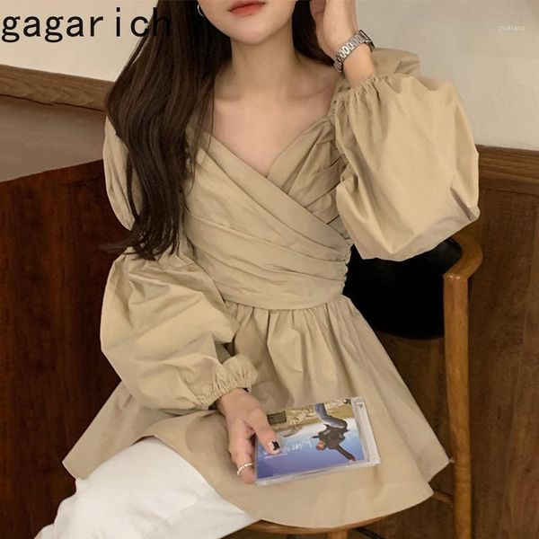 

gagarich women shirt 2021 spring autumn korean chic vintage temperament ladies v-neck puff sleeve cross pleated design blouses women's, White