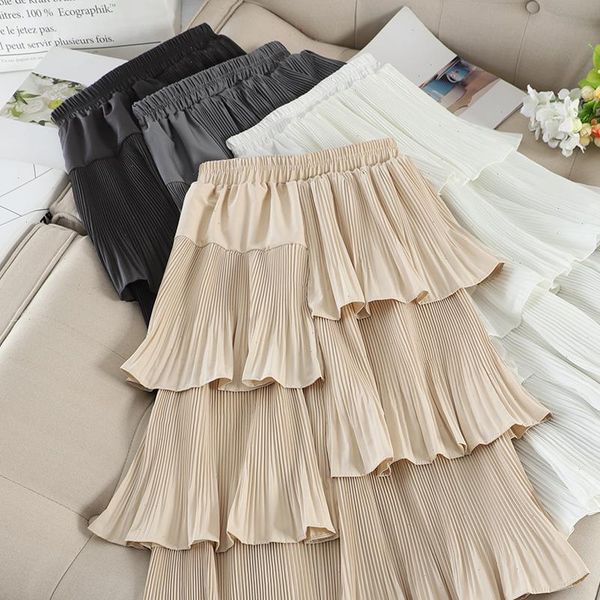 

autumn irregular cakee layered cotton blend long skirts elastic waist pleasted ruffles tiered high low a line long skirts, Black