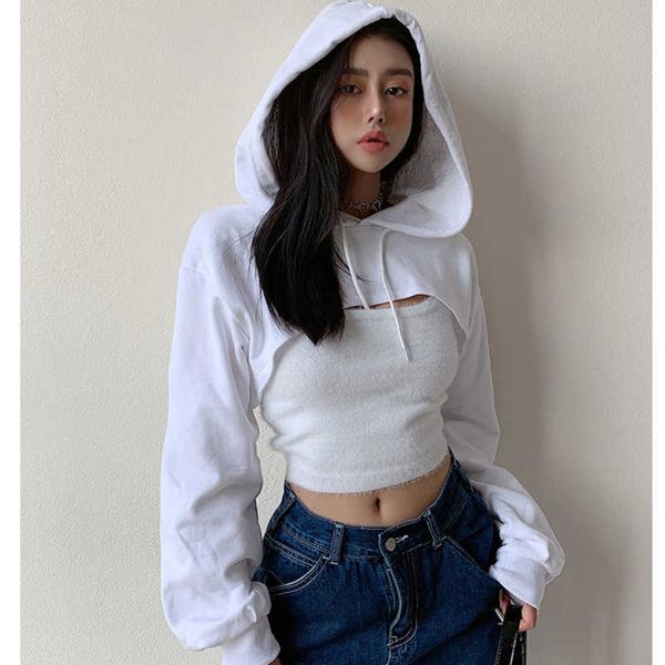 

womengaga fashion short drawstring hoodie solid color long sleeve sweatshirt for woman e0ld 210603, Black