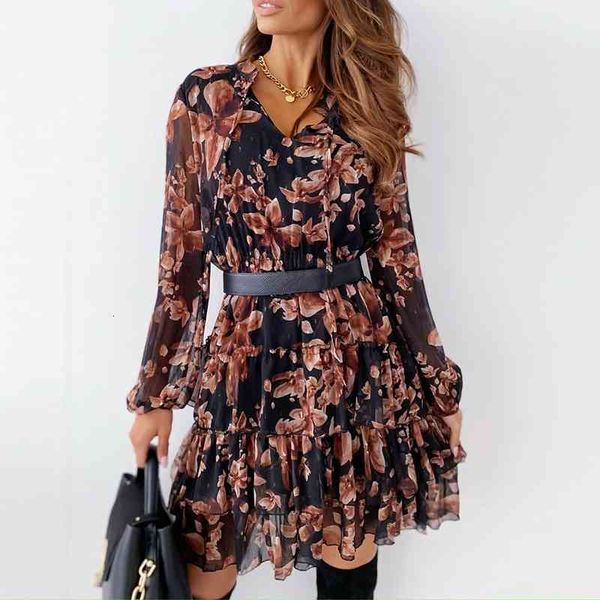 

casual dresses ladies v neck floral spring flower print long sleeve lace-up ruffle chiffon women elegant a-line party vestidos n9p, Black;gray
