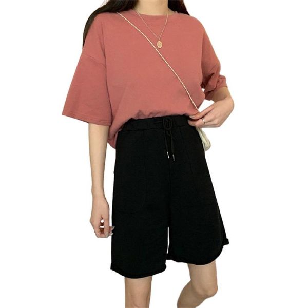 

women summer casual straight wide-leg loose drawstring cotton fifth pants, Black;white