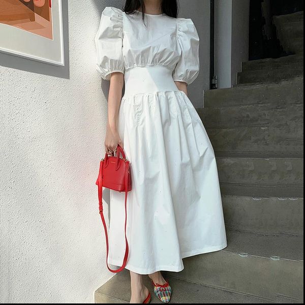 

ewq] 2021 spring summer new elegant puff sleeve dress women elegant long robe elastic waist big hem slim drsses qv07700, Black;gray