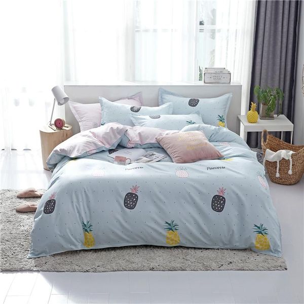 

light blue pineapple bedding set kid girls linen soft duvet cover pillowcase bed sheet twin full  king size 3/4pcs