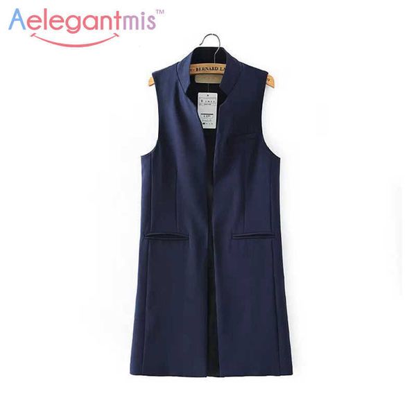 

aelegantmis stand collar fashion black blazer vest women long waistcoat ol elegant cardigan sleeveless coat ladies back slit 210607, Black;white