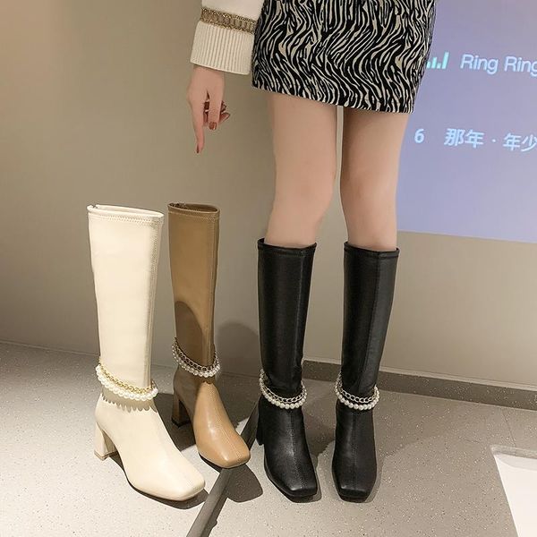 

boots women over knee zipper clogs platform over-the-knee rubber high heel solid basic pu fabric square toe hoof cotton w, Black