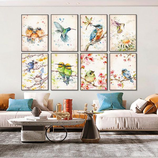 

paintings watercolor hummingbird sparrow wall art animal birds canvas painting modern poster and print picture for living room home decor